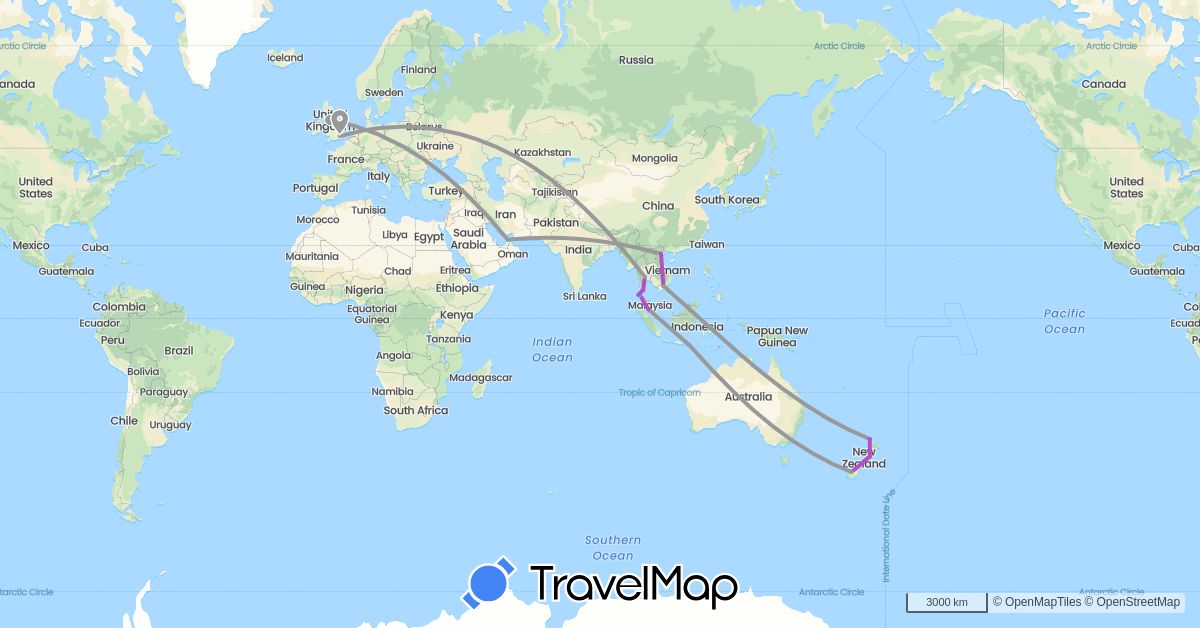 TravelMap itinerary: driving, plane, train, boat in United Arab Emirates, United Kingdom, Indonesia, Malaysia, New Zealand, Thailand, Vietnam (Asia, Europe, Oceania)