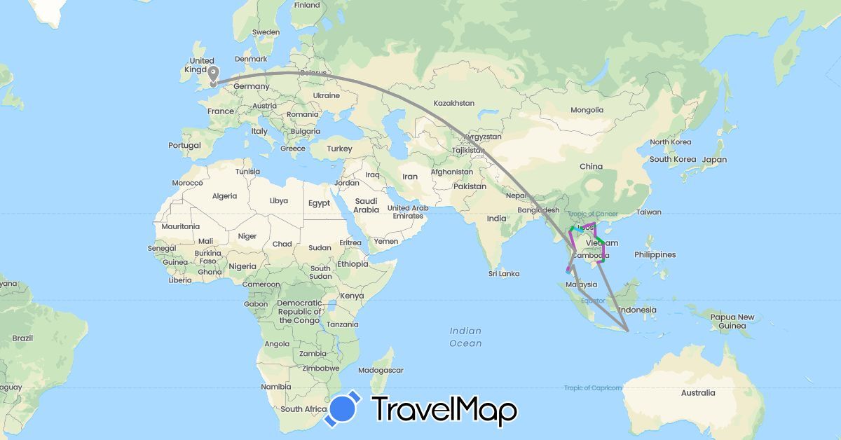 TravelMap itinerary: driving, bus, plane, train, boat in United Kingdom, Indonesia, Laos, Malaysia, Thailand, Vietnam (Asia, Europe)